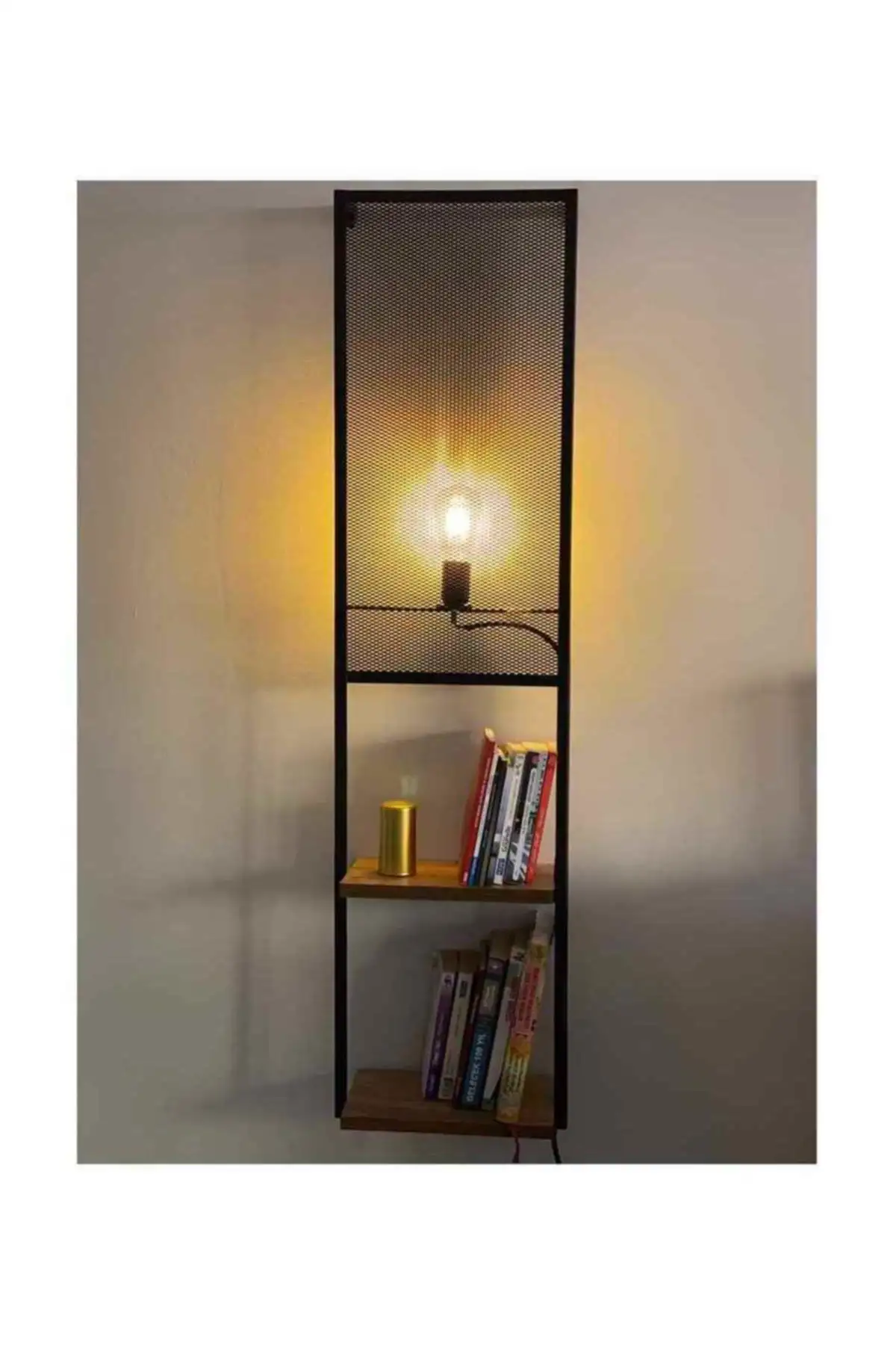 Raft de perete iluminat, Aleron Homs, lemn/metal, 33 x 16 x 125 cm, negru/natur