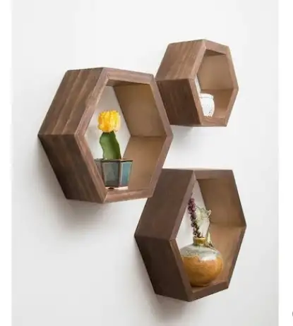 Set 3 rafturi perete Hexa Homs lemn natur