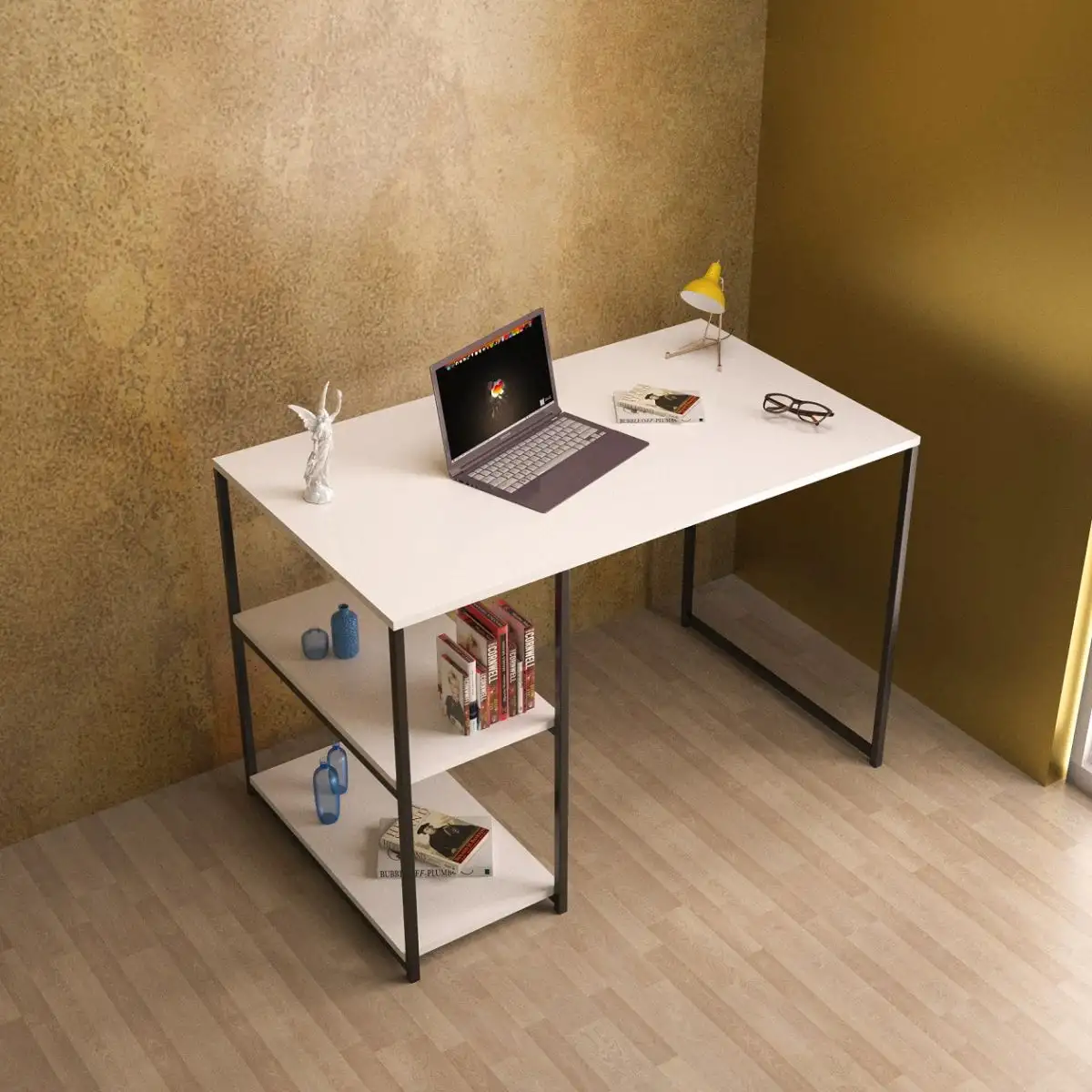 Birou cu rafturi metal Colbin alb Homs, 120x70x60 cm,20391