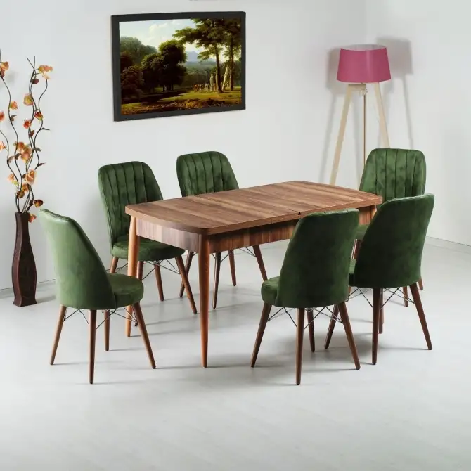 Set masa extensibila cu 6 scaune tapitate Homs cargold 250-30050 nuc-VERDE,170 x 80 cm