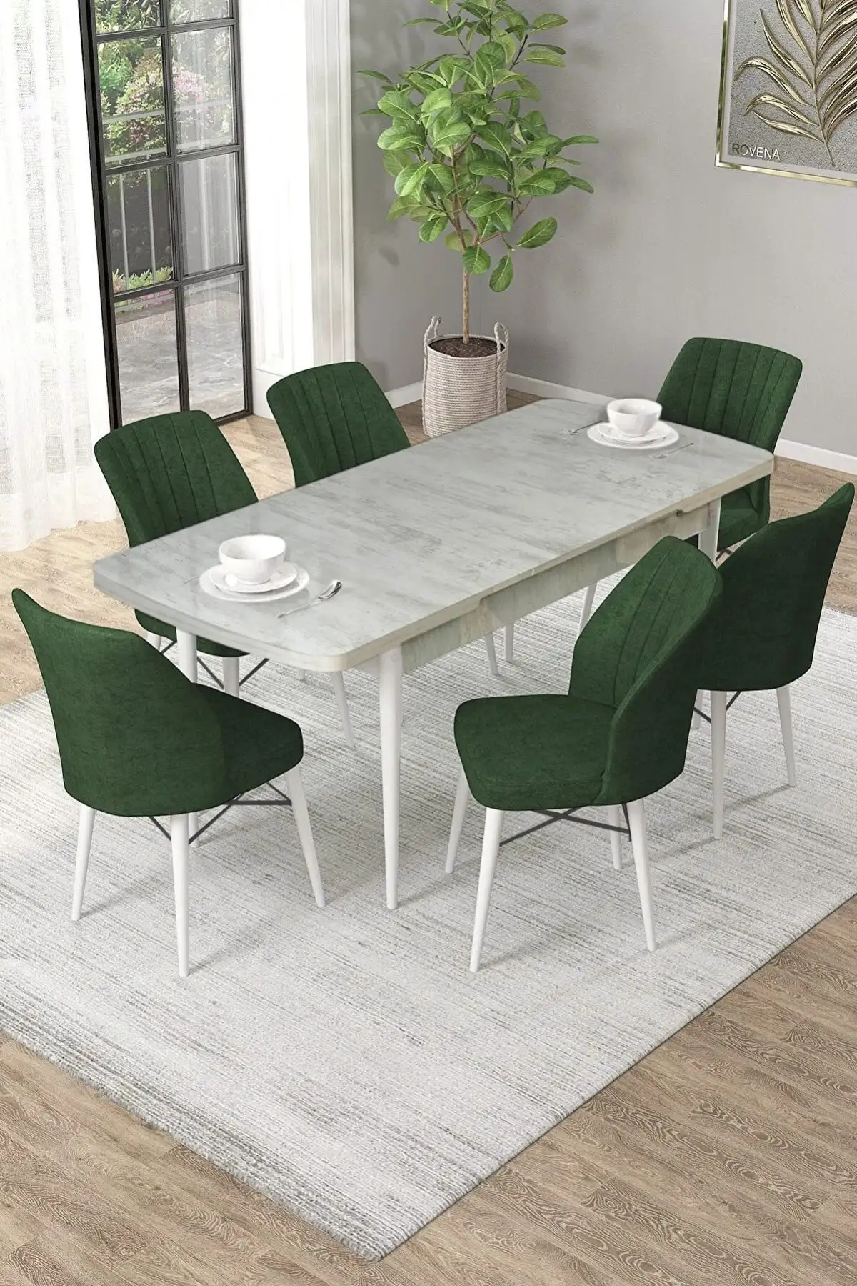 Set masa extensibila cu 6 scaune tapitate Homs cargold 250-30050 ALB-VERDE,170 x 80 cm