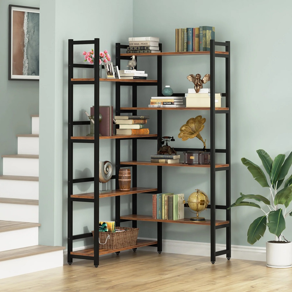 Biblioteca pentru colt din culuare nuc si negru, 180 cm