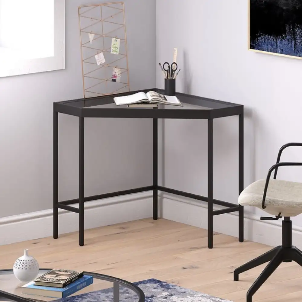 Masa birou colt Corner,sticla,Homs, 100 x 75 x 75 cm, negru